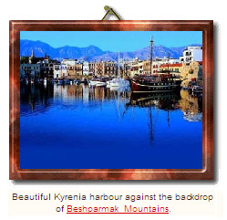 Beautiful Kyrenia harbour against the backdrop of Beshparmak Mountains